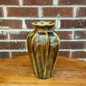 Pottery Drip glaze brown and gold ribbed ceramic decorative vase